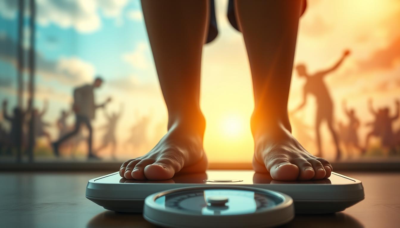 A person standing on a scale, with a focused gaze and a determined expression, as they embark on a transformative weight loss journey. The foreground features the scale and the person's feet, while the middle ground showcases the person's silhouette, highlighting their progress. The background is a vibrant, energetic scene, with a sense of movement and optimism, symbolizing the journey from sluggish to energized. Soft, warm lighting illuminates the scene, casting a hopeful glow. The overall composition conveys a sense of momentum, progress, and the individual's commitment to their personal transformation. A person standing on a scale, with a focused gaze and a determined expression, as they embark on a transformative weight loss journey. The foreground features the scale and the person's feet, while the middle ground showcases the person's silhouette, highlighting their progress. The background is a vibrant, energetic scene, with a sense of movement and optimism, symbolizing the journey from sluggish to energized. Soft, warm lighting illuminates the scene, casting a hopeful glow. The overall composition conveys a sense of momentum, progress, and the individual's commitment to their personal transformation.