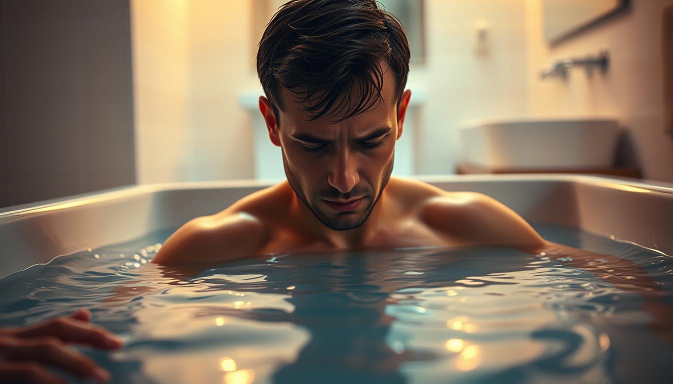 A person submerging their upper body in a tub of cold water, their face showing a mix of discomfort and determination. The rippling water reflects the overhead warm lighting, creating a dramatic interplay of light and shadow. The background is a minimalist bathroom setting, with neutral-toned tiles and a simple vanity. The mood is one of focus and intensity, conveying the challenging yet invigorating experience of cold water thermogenesis. Vibrant colors add energy to the scene, highlighting the transformative power of this practice.
