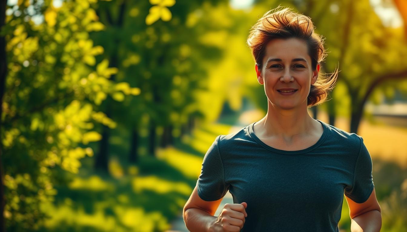 A person walking briskly down a vibrant, tree-lined path, the sunlight dappling their face and figure. The foreground is sharp and detailed, capturing the energetic stride and determination in their expression. The middle ground features a lush, verdant landscape with swaying foliage, while the background is softly blurred, creating a sense of depth and focus. The lighting is warm and natural, casting a golden glow that enhances the mood of a rejuvenating, metabolism-boosting outdoor activity. The scene conveys a sense of vitality, health, and the transformative power of regular, simple movement.