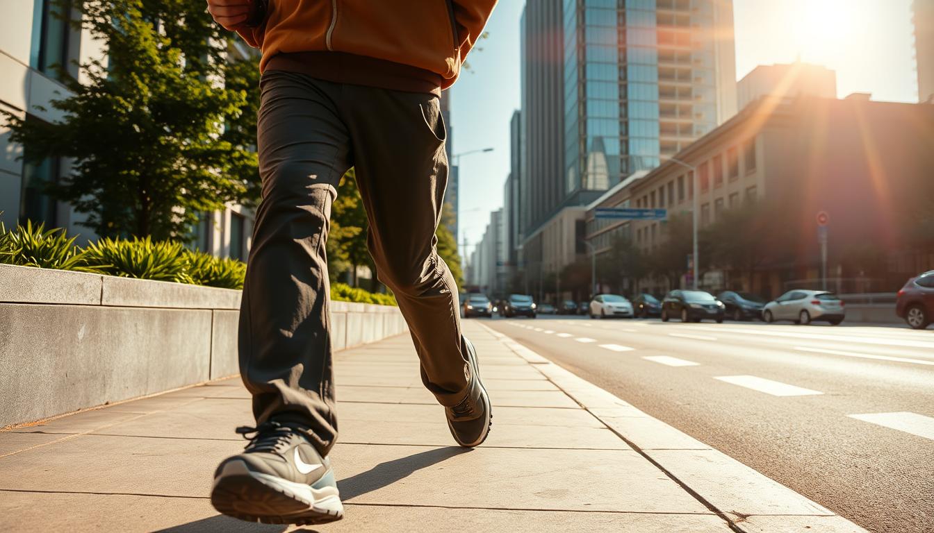 A person walking briskly on a sidewalk, their stride purposeful and energetic. The sun casts a warm, vibrant glow, illuminating the scene. In the background, a bustling city street with towering buildings and lush greenery lining the pavement. The individual's clothing is practical yet stylish, reflecting a sense of active living. Their expression is focused, conveying the sense of walking as a regular part of their daily routine. The image is shot from a low angle, capturing the dynamism of the moment and the confidence of the walker.