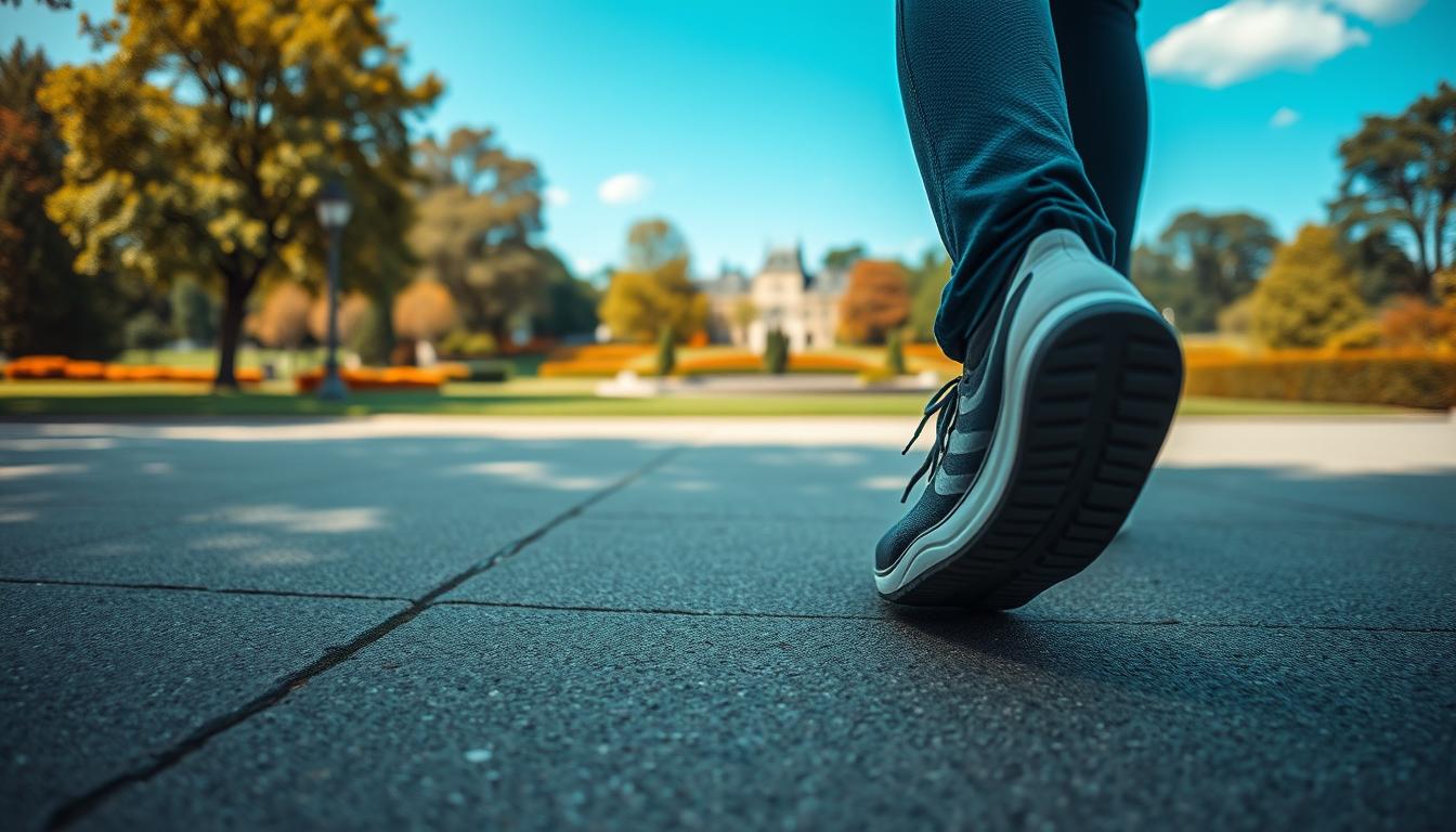 A person walking with purposeful strides, their steps in sync with a steady rhythm. The foreground features their feet in motion, the soles of their shoes striking the ground with consistent cadence. The middle ground shows the person's body, upright and balanced, a reflection of their disciplined walking habits. The background depicts a picturesque park setting, lush greenery, and a clear sky, conveying a sense of tranquility and focus. The lighting is natural and warm, casting a vibrant glow that enhances the scene. The overall mood is one of determination and concentration, capturing the essence of consistency in walking routines.