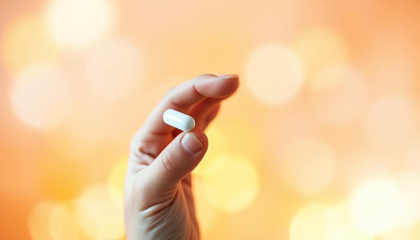 A person's hand holding a white capsule against a vibrant, brightly lit background. The capsule is in sharp focus, conveying the central importance of the "mitolyn" supplement. The hand is positioned in a natural, relaxed manner, suggesting the ease and simplicity of taking the supplement. The background is a soft, out-of-focus gradient of warm colors, creating a sense of well-being and positivity. Soft, diffused lighting from the side casts a gentle glow on the hand and capsule, emphasizing their form and texture. The overall mood is one of clarity, vitality, and the promise of improved cellular health.