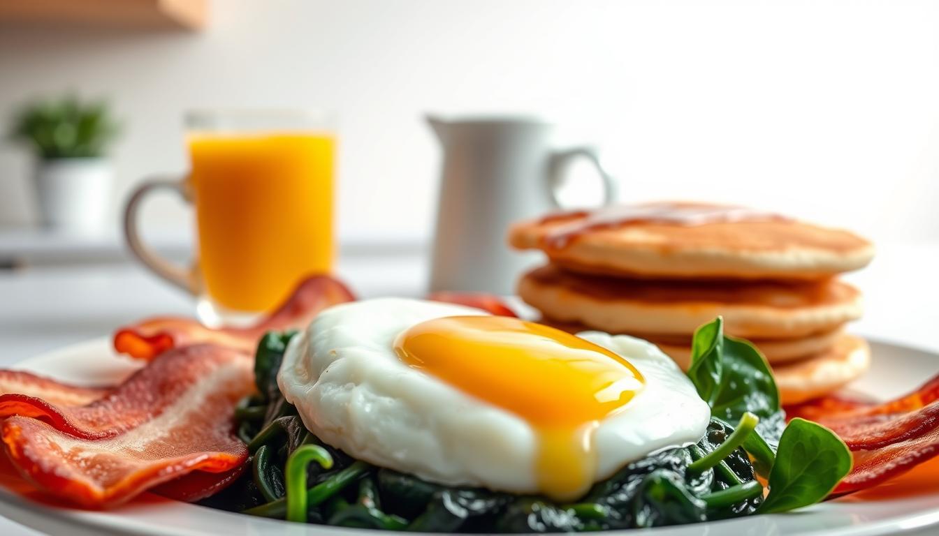A plate of hearty, high-protein breakfast foods set against a clean, vibrant background. In the foreground, a perfectly poached egg with a golden yolk rests atop a bed of sautéed spinach. Alongside, slices of crisp, thick-cut bacon and a small stack of fluffy, protein-packed pancakes drizzled with a touch of honey. The middle ground features a glass of freshly squeezed orange juice and a steaming mug of aromatic coffee. The background is a minimalist, light-filled kitchen, with soft, diffused lighting highlighting the vibrant colors and textures of the meal. The overall scene conveys a sense of nourishment, energy, and a healthy start to the day. A plate of hearty, high-protein breakfast foods set against a clean, vibrant background. In the foreground, a perfectly poached egg with a golden yolk rests atop a bed of sautéed spinach. Alongside, slices of crisp, thick-cut bacon and a small stack of fluffy, protein-packed pancakes drizzled with a touch of honey. The middle ground features a glass of freshly squeezed orange juice and a steaming mug of aromatic coffee. The background is a minimalist, light-filled kitchen, with soft, diffused lighting highlighting the vibrant colors and textures of the meal. The overall scene conveys a sense of nourishment, energy, and a healthy start to the day.