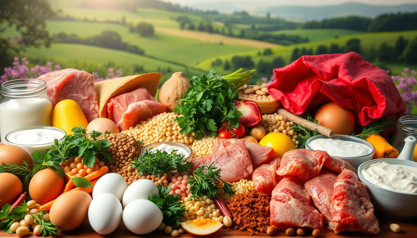 A plentiful arrangement of high-protein foods against a vibrant, natural backdrop. In the foreground, a selection of lean meats, eggs, legumes, and dairy products, artfully displayed. The middle ground features a scattering of fresh herbs and spices, adding depth and flavor. In the background, a lush, verdant landscape with soft, diffused lighting, conveying a sense of health and vitality. The overall mood is one of abundance, nourishment, and a balanced, wholesome approach to nutrition. A plentiful arrangement of high-protein foods against a vibrant, natural backdrop. In the foreground, a selection of lean meats, eggs, legumes, and dairy products, artfully displayed. The middle ground features a scattering of fresh herbs and spices, adding depth and flavor. In the background, a lush, verdant landscape with soft, diffused lighting, conveying a sense of health and vitality. The overall mood is one of abundance, nourishment, and a balanced, wholesome approach to nutrition.