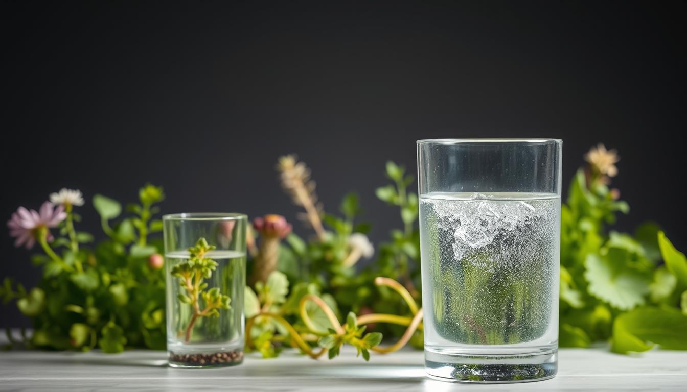 A pristine glass of filtered water sits in the foreground, its surface glistening with a soft, even lighting. In the middle ground, a vibrant array of healthy plants and herbs, representing the natural purity and rejuvenating properties of the filtered water. The background features a serene, minimalist setting, emphasizing the simplicity and clarity of this essential daily beverage. The overall mood is one of tranquility, wellness, and the rejuvenating power of clean, filtered hydration.