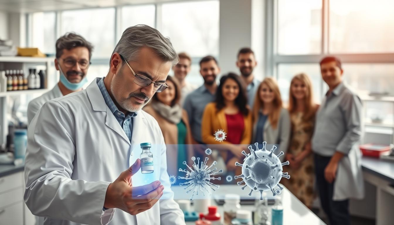 A pristine laboratory setting with bright, natural lighting filtering through large windows. In the foreground, a scientist in a white lab coat meticulously examines a vaccine vial, surrounded by various medical instruments and equipment. In the middle ground, a group of diverse individuals, representing different ages and ethnicities, stands together, conveying a sense of community and trust. In the background, a holographic display showcases detailed molecular structures and scientific data, validating the safety and efficacy of the vaccine. The overall atmosphere radiates a sense of professionalism, transparency, and a dedication to public health and well-being.