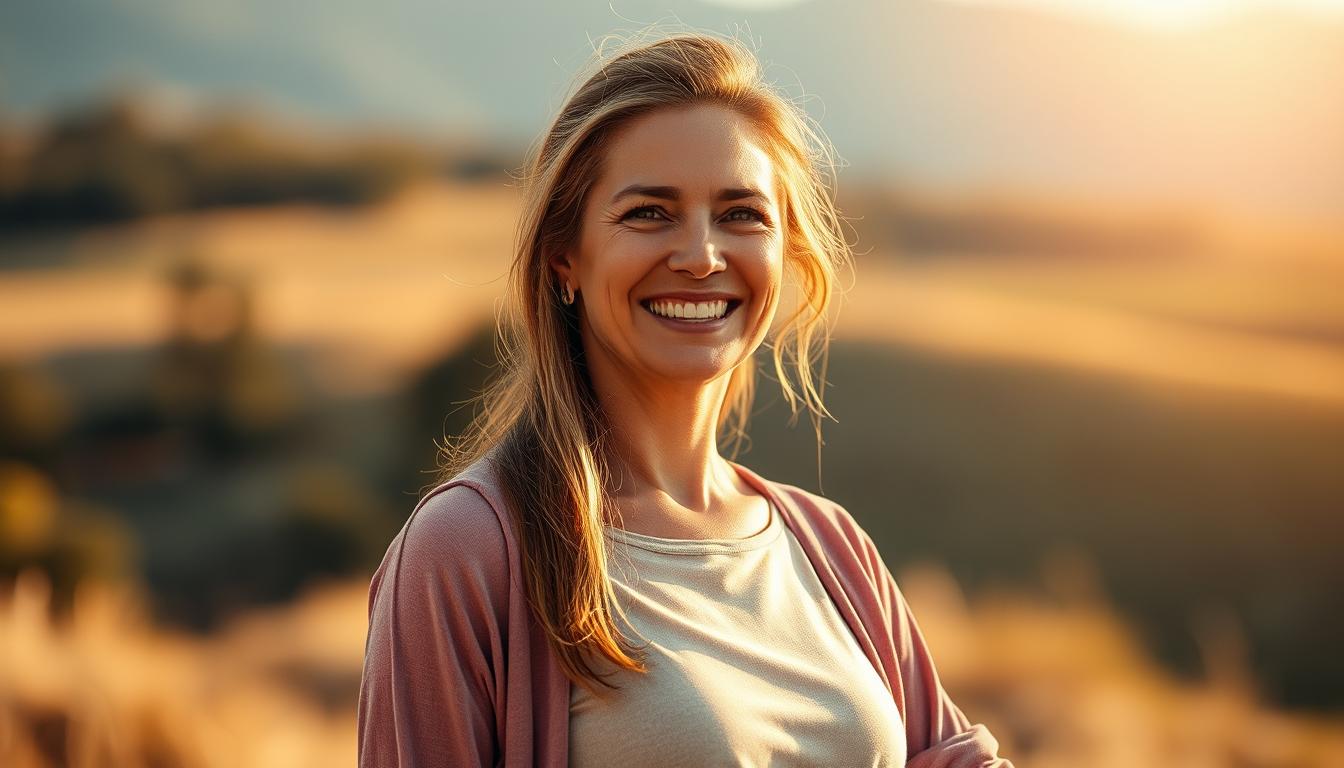 A radiant, self-assured woman stands confidently, her face aglow with a sense of renewed health and energy. Her posture is upright, shoulders back, projecting an aura of vitality. Warm, natural lighting illuminates her figure, highlighting the healthy glow of her skin and the vibrant, vibrant tones of her clothing. In the background, a softly blurred landscape conveys a sense of tranquility and balance, complementing the woman's centered, grounded presence. The overall atmosphere is one of transformation, where the viewer can almost feel the woman's renewed sense of vigor and self-assurance.
