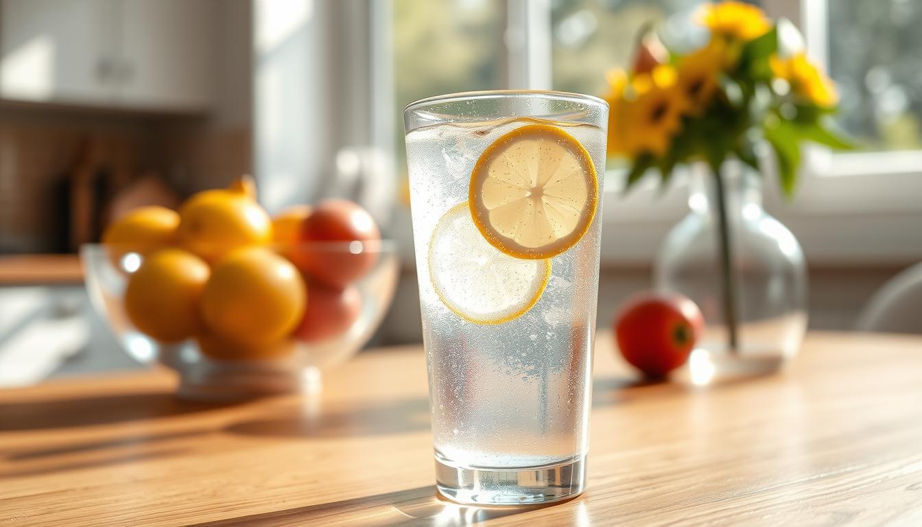 A refreshing glass of clear, sparkling water with a few lively lemon slices floating atop, resting on a wooden table in a bright, sunlit kitchen. The morning light filters in through a nearby window, casting a warm, vibrant glow across the scene. The glass is perspiring, its coolness inviting. In the background, a fresh fruit bowl and a simple, yet elegant vase of flowers add a touch of natural, vibrant beauty to the serene, healthful setting. A refreshing glass of clear, sparkling water with a few lively lemon slices floating atop, resting on a wooden table in a bright, sunlit kitchen. The morning light filters in through a nearby window, casting a warm, vibrant glow across the scene. The glass is perspiring, its coolness inviting. In the background, a fresh fruit bowl and a simple, yet elegant vase of flowers add a touch of natural, vibrant beauty to the serene, healthful setting.