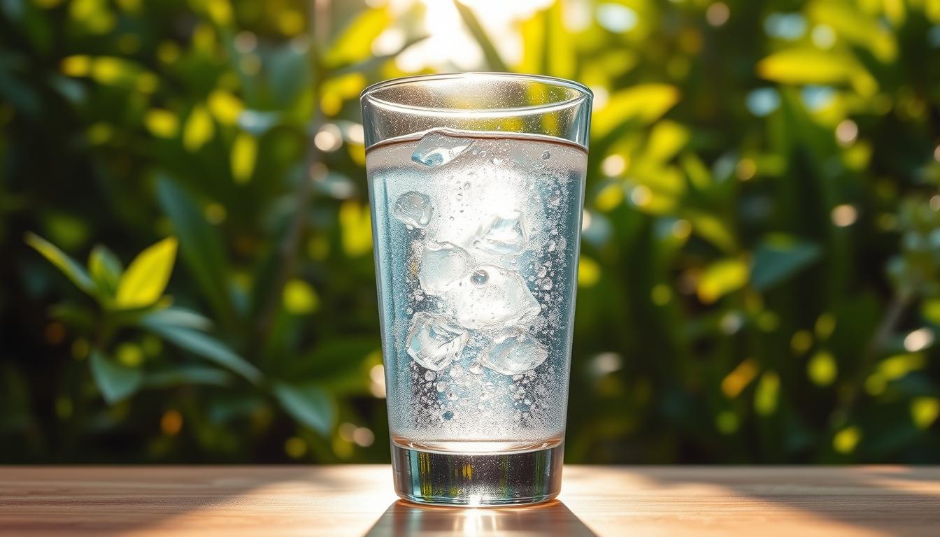 A refreshing glass of cool, clear water against a backdrop of lush, verdant foliage. The sunlight filters through the leaves, casting a warm, golden glow on the scene. The glass rests on a smooth, polished wooden surface, its condensation glistening like tiny diamonds. The image exudes a sense of calm and rejuvenation, perfectly capturing the essence of "hydration for energy" - a simple yet powerful way to combat fatigue and revitalize the body. A refreshing glass of cool, clear water against a backdrop of lush, verdant foliage. The sunlight filters through the leaves, casting a warm, golden glow on the scene. The glass rests on a smooth, polished wooden surface, its condensation glistening like tiny diamonds. The image exudes a sense of calm and rejuvenation, perfectly capturing the essence of "hydration for energy" - a simple yet powerful way to combat fatigue and revitalize the body.