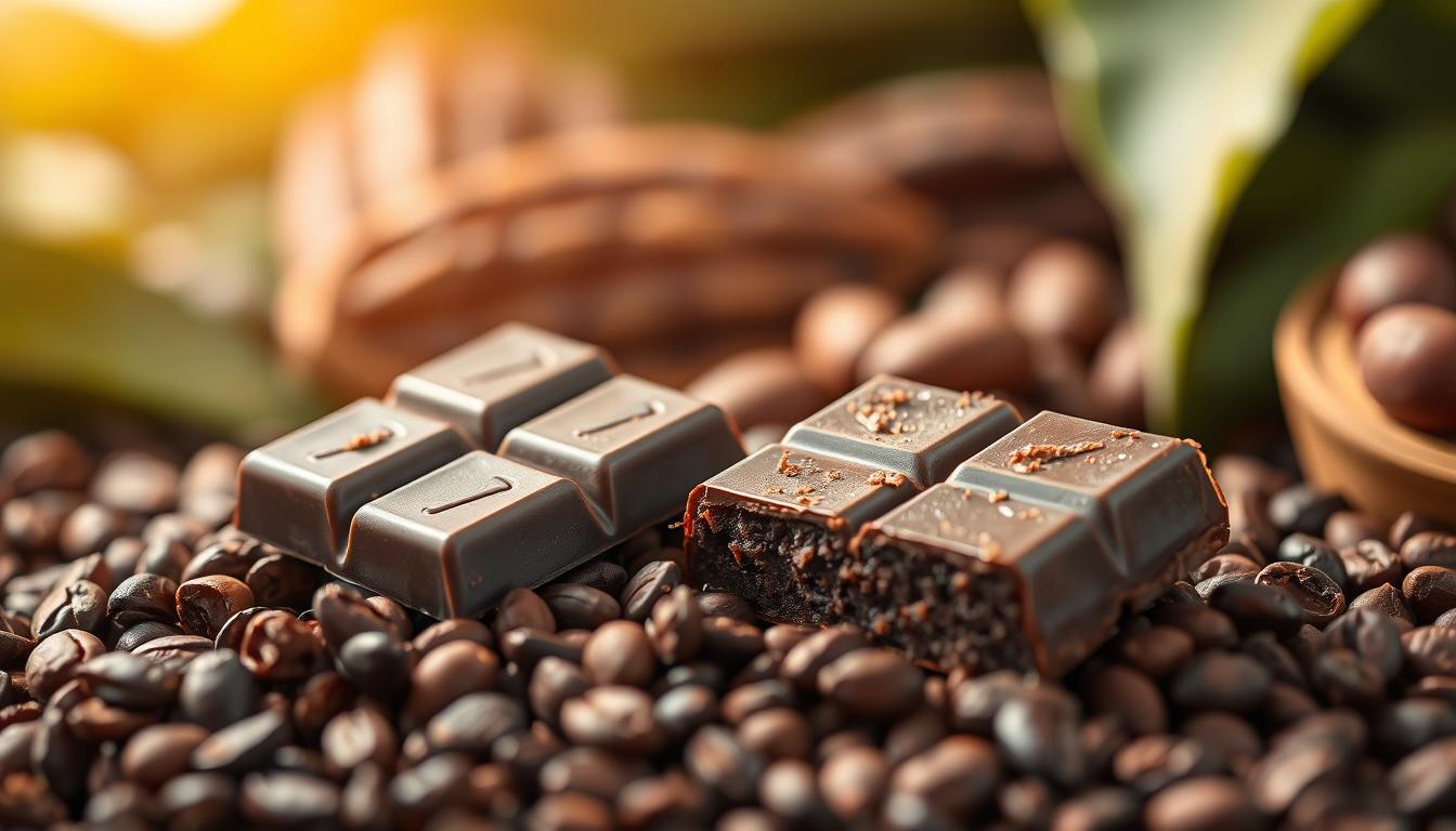 A rich, dark chocolate bar nestled on a bed of cocoa nibs, casting a warm glow under a soft, directional light. In the foreground, a vibrant slice of the chocolate reveals its luscious, fudgy interior, hinting at its indulgent, yet healthful properties. The middle ground showcases an array of whole, roasted cacao beans, their deep brown hues complementing the chocolate's luxurious sheen. A blurred background of verdant cocoa leaves and pods suggests the natural origins of this decadent, fat-burning treat.