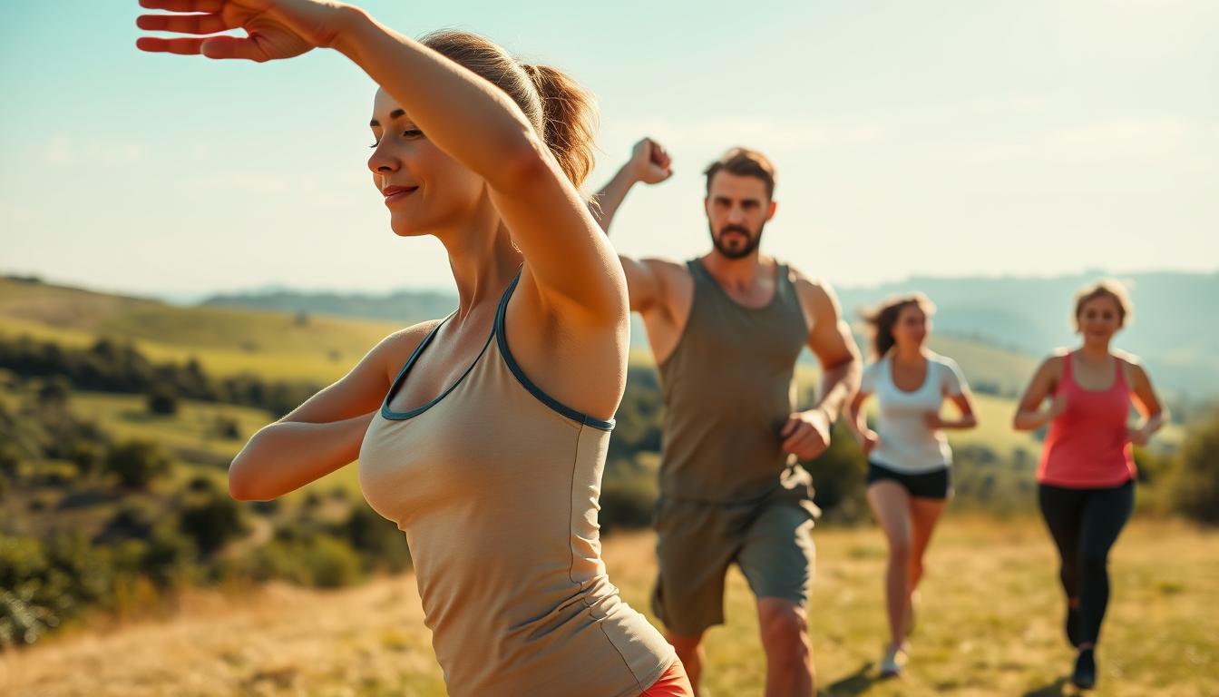 A scenic, sun-dappled outdoor setting with a group of diverse individuals engaged in various physical activities. In the foreground, a woman gracefully flowing through a yoga pose, her face serene and focused. Beside her, a man powerfully lifting weights, his muscles rippling. In the middle ground, a pair of friends jogging together, their stride fluid and energetic. In the background, a verdant landscape with rolling hills and a clear, vibrant sky, creating an atmosphere of rejuvenation and vitality. The lighting is warm and natural, casting a vibrant, energizing glow over the scene. The overall mood is one of wellness, vitality, and the transformative power of physical activity. A scenic, sun-dappled outdoor setting with a group of diverse individuals engaged in various physical activities. In the foreground, a woman gracefully flowing through a yoga pose, her face serene and focused. Beside her, a man powerfully lifting weights, his muscles rippling. In the middle ground, a pair of friends jogging together, their stride fluid and energetic. In the background, a verdant landscape with rolling hills and a clear, vibrant sky, creating an atmosphere of rejuvenation and vitality. The lighting is warm and natural, casting a vibrant, energizing glow over the scene. The overall mood is one of wellness, vitality, and the transformative power of physical activity.
