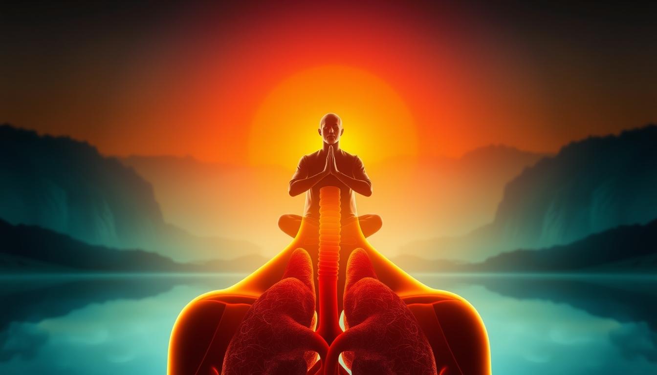 A serene and contemplative scene depicting the biological mechanisms of cortisol, the stress hormone, and its impact on weight management. In the foreground, a detailed anatomical illustration of the adrenal glands, the source of cortisol production, bathed in a warm, vibrant glow. In the middle ground, a figure practicing mindfulness and stress-relieving techniques, such as deep breathing or meditation, set against a backdrop of natural landscapes evoking a sense of calm and balance. The overall atmosphere is one of understanding and empowerment, guiding the viewer towards effective strategies for managing stress and maintaining a healthy hormonal equilibrium.