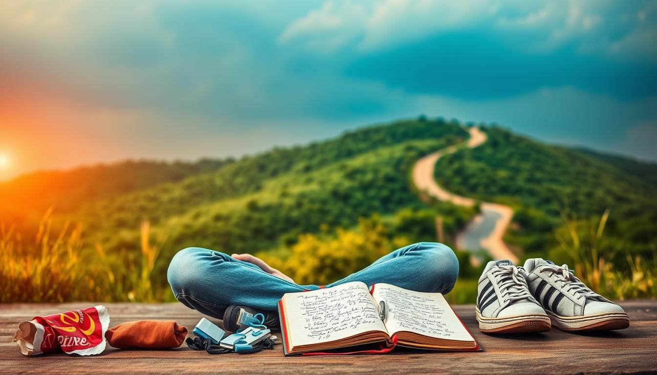 A serene and contemplative scene unfolding against a vibrant backdrop. In the foreground, a person sits cross-legged, eyes closed, their expression one of deep introspection. Surrounding them, various objects symbolize the lessons learned on their weight loss journey - a discarded snack wrapper, a pair of well-worn sneakers, and a journal filled with scribbled notes. The middle ground features a lush, verdant landscape, with a winding path leading into the distance, representing the ongoing nature of the journey. The background is awash in a warm, golden light, conveying a sense of enlightenment and growth. The overall mood is one of thoughtful reflection, capturing the essence of the "Lessons Learned" section of the article. A serene and contemplative scene unfolding against a vibrant backdrop. In the foreground, a person sits cross-legged, eyes closed, their expression one of deep introspection. Surrounding them, various objects symbolize the lessons learned on their weight loss journey - a discarded snack wrapper, a pair of well-worn sneakers, and a journal filled with scribbled notes. The middle ground features a lush, verdant landscape, with a winding path leading into the distance, representing the ongoing nature of the journey. The background is awash in a warm, golden light, conveying a sense of enlightenment and growth. The overall mood is one of thoughtful reflection, capturing the essence of the "Lessons Learned" section of the article.