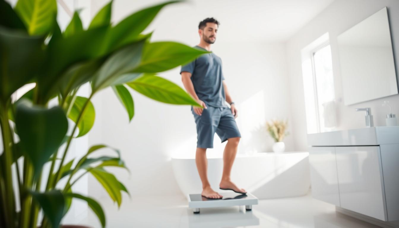 A serene and sunny morning setting, showcasing a person standing on a sleek, modern bathroom scale. The individual's expression is one of focus and determination, as they diligently record their daily weight. In the foreground, a vibrant, healthy-looking plant adds a touch of nature, while the background features a minimalist, well-lit bathroom with crisp, clean lines. The lighting is soft and diffused, creating a sense of warmth and tranquility. The overall atmosphere conveys a feeling of progress, discipline, and a commitment to personal growth and well-being. A serene and sunny morning setting, showcasing a person standing on a sleek, modern bathroom scale. The individual's expression is one of focus and determination, as they diligently record their daily weight. In the foreground, a vibrant, healthy-looking plant adds a touch of nature, while the background features a minimalist, well-lit bathroom with crisp, clean lines. The lighting is soft and diffused, creating a sense of warmth and tranquility. The overall atmosphere conveys a feeling of progress, discipline, and a commitment to personal growth and well-being.