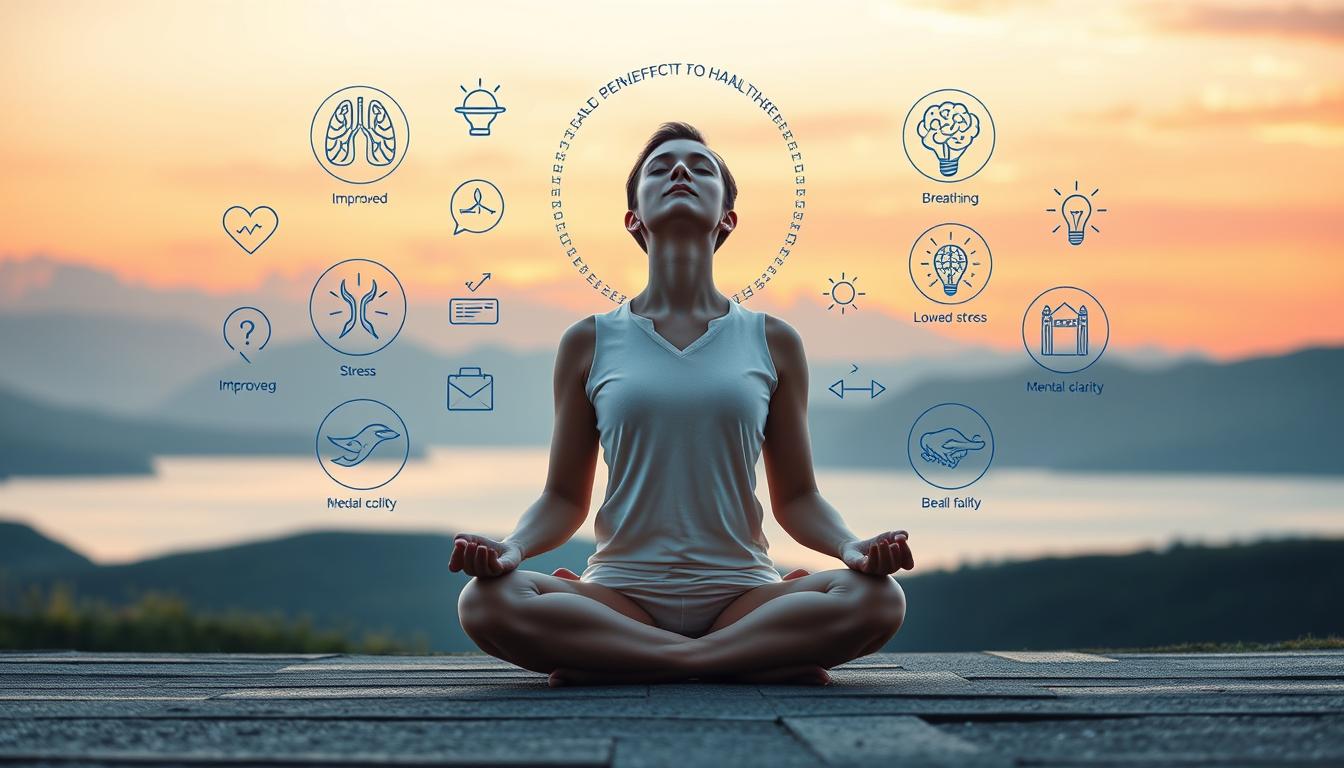 A serene and tranquil scene depicting the health benefits of breathwork. In the foreground, a person sits in a lotus position, their eyes closed in deep meditation, their breath flowing effortlessly. The middle ground showcases various symbols and icons representing the positive effects of breathwork, such as improved lung capacity, lowered stress levels, and enhanced mental clarity. The background features a soft, dreamy landscape with gentle rolling hills, a calming body of water, and a vibrant, warm-toned sky. The overall atmosphere conveys a sense of peace, balance, and rejuvenation, highlighting the transformative power of regular breathwork practice.