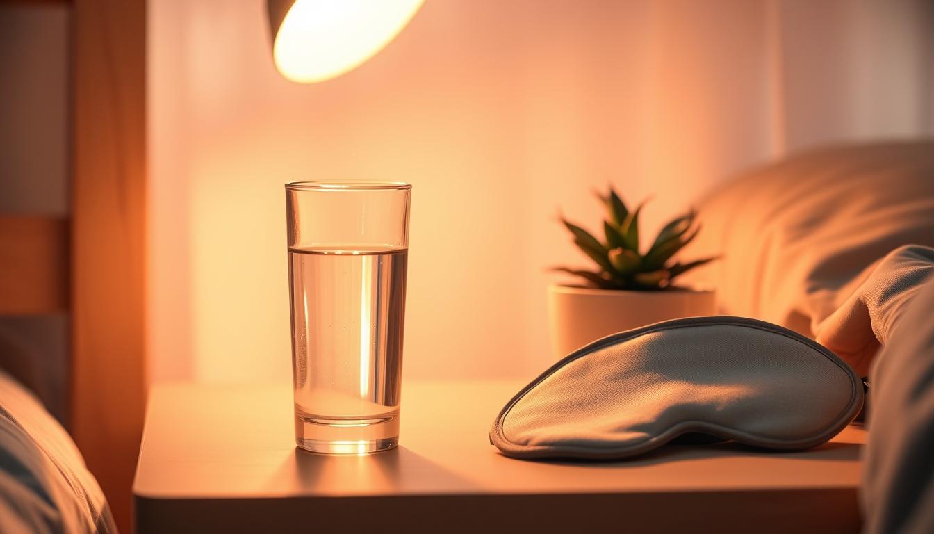 A serene and vibrant scene of a person's nightstand, featuring a glass of water, a sleep mask, and a potted plant. The lighting is soft and warm, casting a cozy glow over the scene. The water glass is half-full, symbolizing the importance of hydration, while the sleep mask and plant represent the elements of rest and rejuvenation. The composition is balanced and inviting, conveying a sense of tranquility and simplicity. A subtle haze in the background adds depth and atmosphere, creating an image that embodies the idea of 'hydration and sleep hacks' for a healthier lifestyle. A serene and vibrant scene of a person's nightstand, featuring a glass of water, a sleep mask, and a potted plant. The lighting is soft and warm, casting a cozy glow over the scene. The water glass is half-full, symbolizing the importance of hydration, while the sleep mask and plant represent the elements of rest and rejuvenation. The composition is balanced and inviting, conveying a sense of tranquility and simplicity. A subtle haze in the background adds depth and atmosphere, creating an image that embodies the idea of 'hydration and sleep hacks' for a healthier lifestyle.