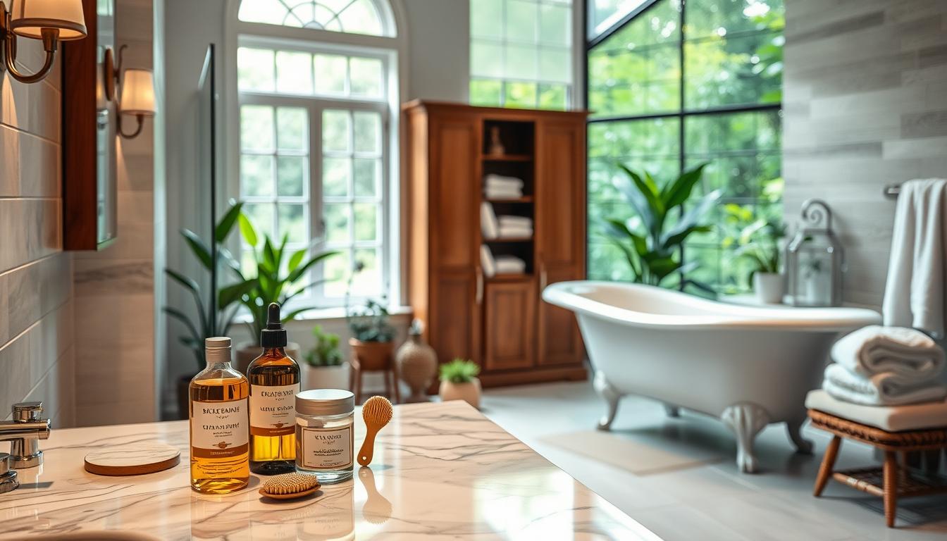 A serene and well-appointed bathroom setting, with a focus on self-care essentials. In the foreground, an elegant marble vanity holds an assortment of natural skincare products, including a glass bottle of facial oil, a jar of rejuvenating face mask, and a bamboo brush. Soft, indirect lighting from wall sconces casts a warm glow, complementing the neutral tile and wood accents. In the middle ground, a large window allows in natural daylight, while potted plants and a plush towel-filled linen cabinet suggest a tranquil, spa-like atmosphere. In the background, a freestanding claw-foot tub takes center stage, surrounded by lush greenery visible through the window, creating a serene, nature-inspired setting. The overall mood is one of mindful self-care and preventative wellness.