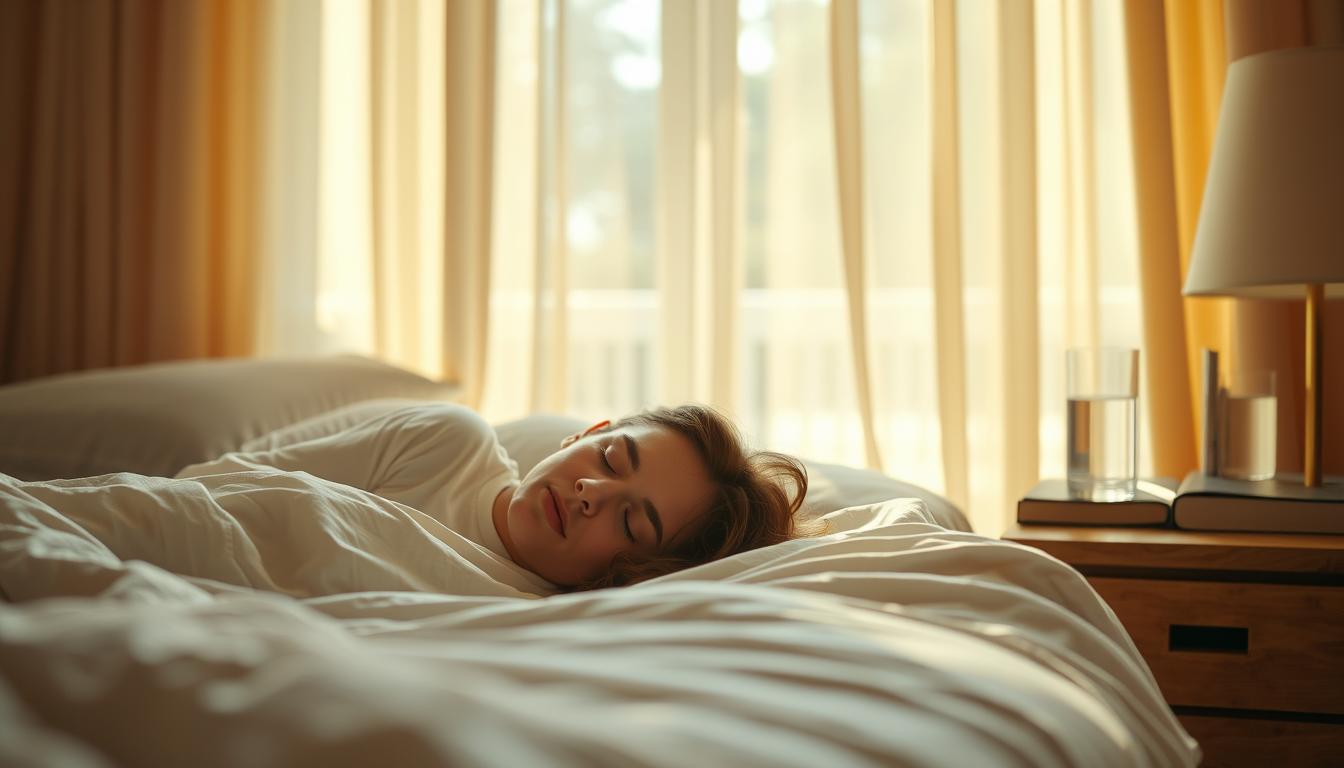 A serene bedroom scene, bathed in warm, natural light filtering through sheer curtains. A comfortable bed takes center stage, with plush bedding and a calming color palette. In the foreground, a sleeping person's face is visible, their expression peaceful and relaxed. In the background, a nightstand holds a glass of water and a book, suggesting a good night's sleep and a focus on restful habits. The overall atmosphere conveys a sense of tranquility and vibrant, rejuvenating slumber, emphasizing the connection between sleep quality and increased metabolism.