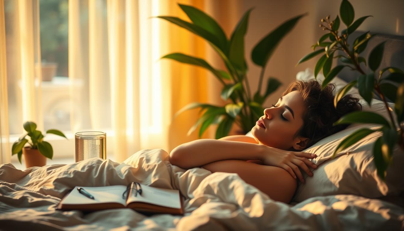 A serene bedroom scene, with a cozy bed draped in soft linens. Warm, golden light filters through sheer curtains, casting a soothing glow. On the nightstand, a glass of water and a journal, symbolizing rest and mindfulness. In the foreground, a figure rests peacefully, eyes closed, their expression relaxed. Lush, vibrant plants adorn the space, adding a touch of nature's calming presence. The overall atmosphere is one of tranquility and rejuvenation, capturing the essence of sleep and stress management for mitochondrial repair.