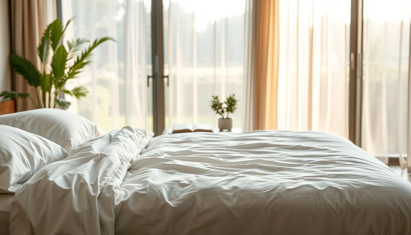 A serene bedroom scene with a large, cozy bed in the foreground, crisp white sheets and a plush comforter inviting peaceful slumber. In the middle ground, a bedside table with a glass of water, a book, and a small, vibrant plant, symbolizing restorative rest and mindful recovery. The background features a large window overlooking a tranquil garden, with soft, natural lighting filtering through sheer curtains, creating a calming, rejuvenating ambiance. The overall mood is one of tranquility, comfort, and a sense of recharging for the day ahead. A serene bedroom scene with a large, cozy bed in the foreground, crisp white sheets and a plush comforter inviting peaceful slumber. In the middle ground, a bedside table with a glass of water, a book, and a small, vibrant plant, symbolizing restorative rest and mindful recovery. The background features a large window overlooking a tranquil garden, with soft, natural lighting filtering through sheer curtains, creating a calming, rejuvenating ambiance. The overall mood is one of tranquility, comfort, and a sense of recharging for the day ahead.