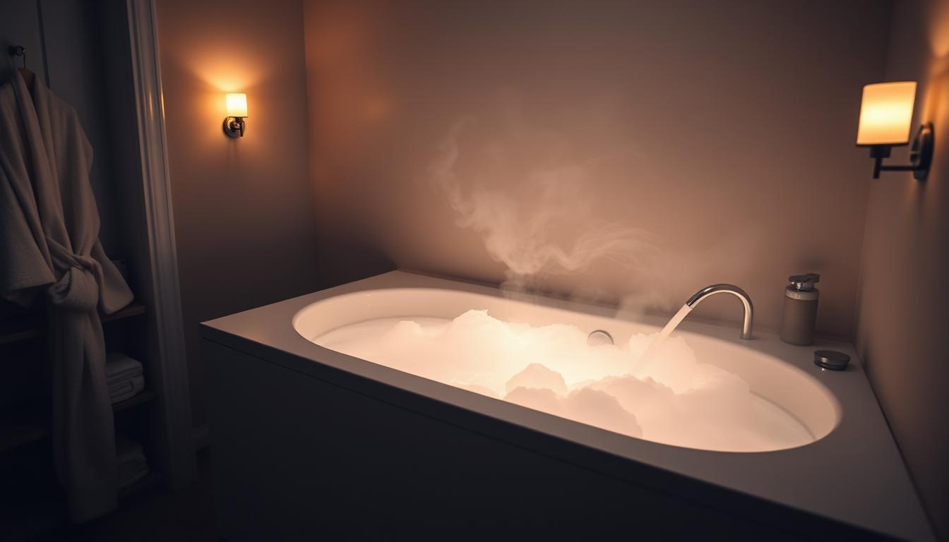 A serene, dimly lit bathroom with a deep, steaming bathtub filled with warm, relaxing water. Soft, glowing wall sconces cast a gentle, vibrant ambiance throughout the space. Plush, fluffy towels and a cozy robe await on a nearby shelf. The atmosphere is calming and tranquil, inviting the viewer to step in and unwind. The camera angle is slightly elevated, capturing the inviting scene from a soothing, contemplative perspective.