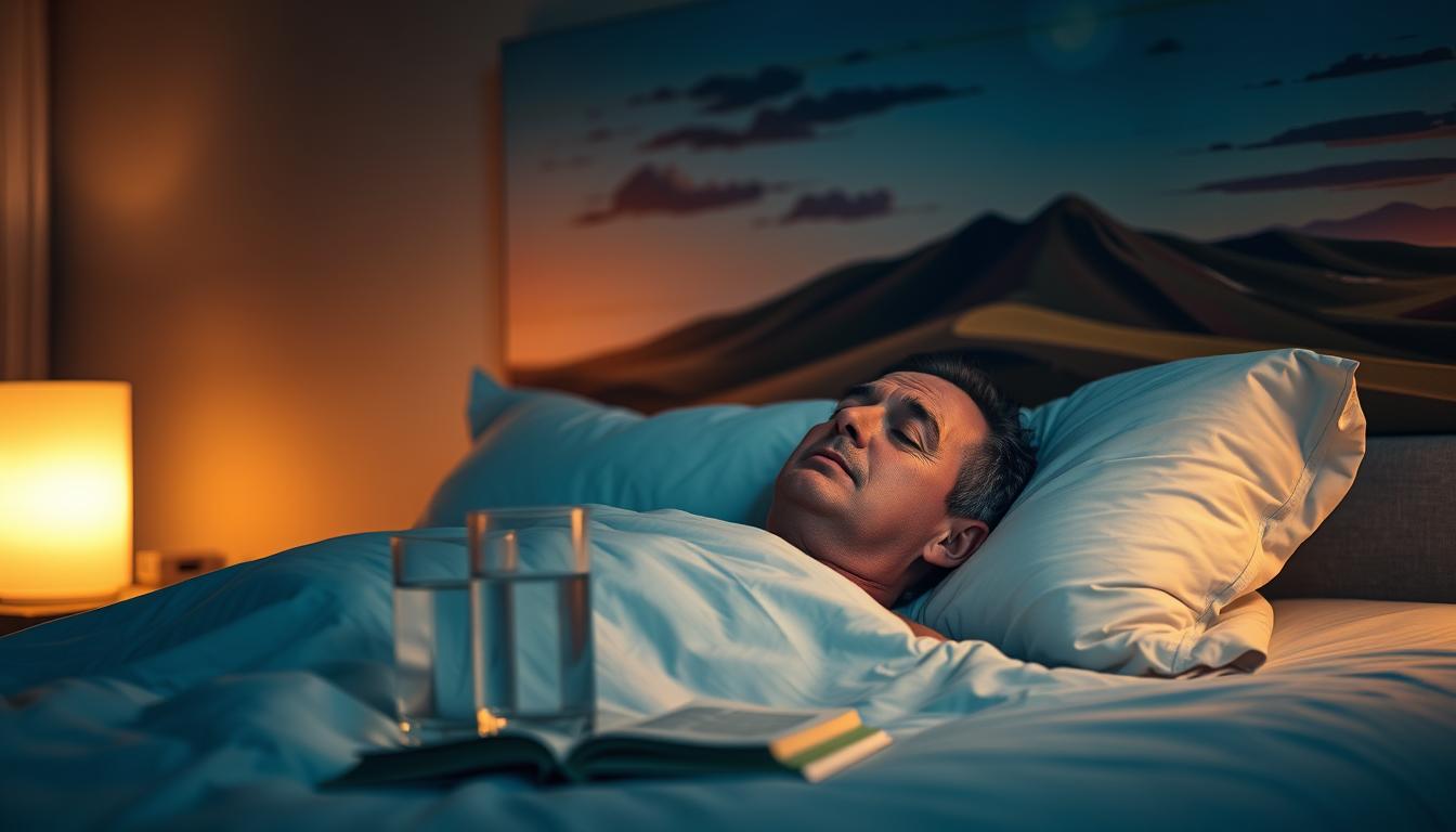 A serene, dimly-lit bedroom scene, with a middle-aged man lying in bed, eyes closed, facial features conveying a sense of relaxation and peace. Soft, warm lighting emanates from a bedside lamp, casting a calming glow across the scene. The man's surroundings are minimalist and uncluttered, promoting a sense of tranquility. In the foreground, a glass of water and a book are placed on a simple nightstand, suggesting a focus on self-care and relaxation. The background features a large, vibrant landscape painting, adding a touch of natural beauty and inspiration to the scene. The overall mood is one of balance, harmony, and the importance of managing stress and sleep for optimal hormone production.