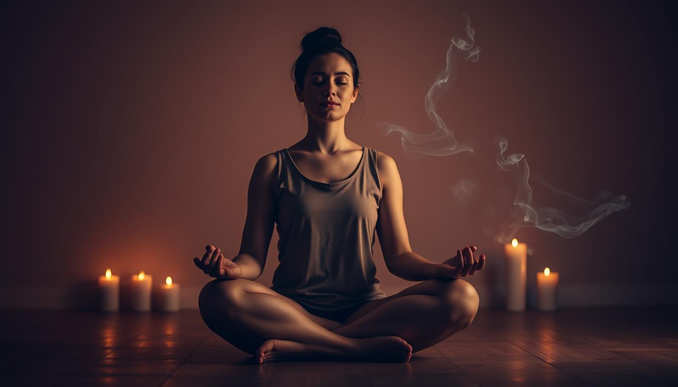 A serene, dimly lit room where a person sits cross-legged on the floor, deep in meditation. The soft glow of candles casts a warm, calming light, and the backdrop is a muted, earthy palette. Wispy tendrils of incense drift through the air, evoking a sense of tranquility. The person's expression is one of deep focus, their hands resting gently on their lap, as if finding balance and inner peace amidst the stresses of daily life. The vibrant energy of this scene reflects the mind-body connection and its role in stress and weight management.
