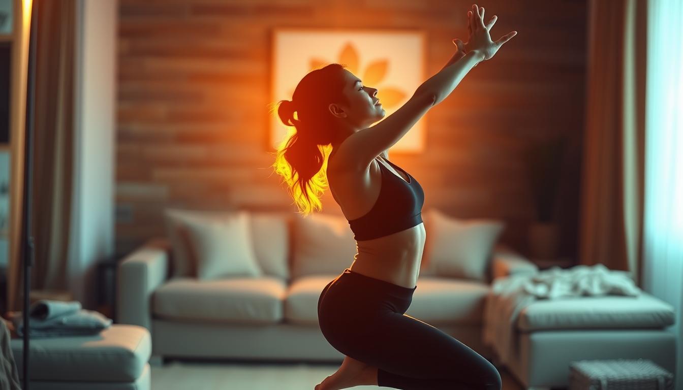 A serene figure performing a graceful yoga pose, their body bathed in warm, vibrant light that stretches across the frame. The foreground captures the elegant silhouette, limbs extended in a stretch, while the background depicts a softly blurred scene of a cozy indoor space, perhaps a living room or studio, with hints of natural textures and muted colors that complement the overall atmosphere. The lighting, slightly angled and diffused, casts a gentle, soothing glow, creating a sense of tranquility and mindfulness. This scene embodies the essence of an evening ritual that supports weight loss strategies through the practice of light stretching or yoga.