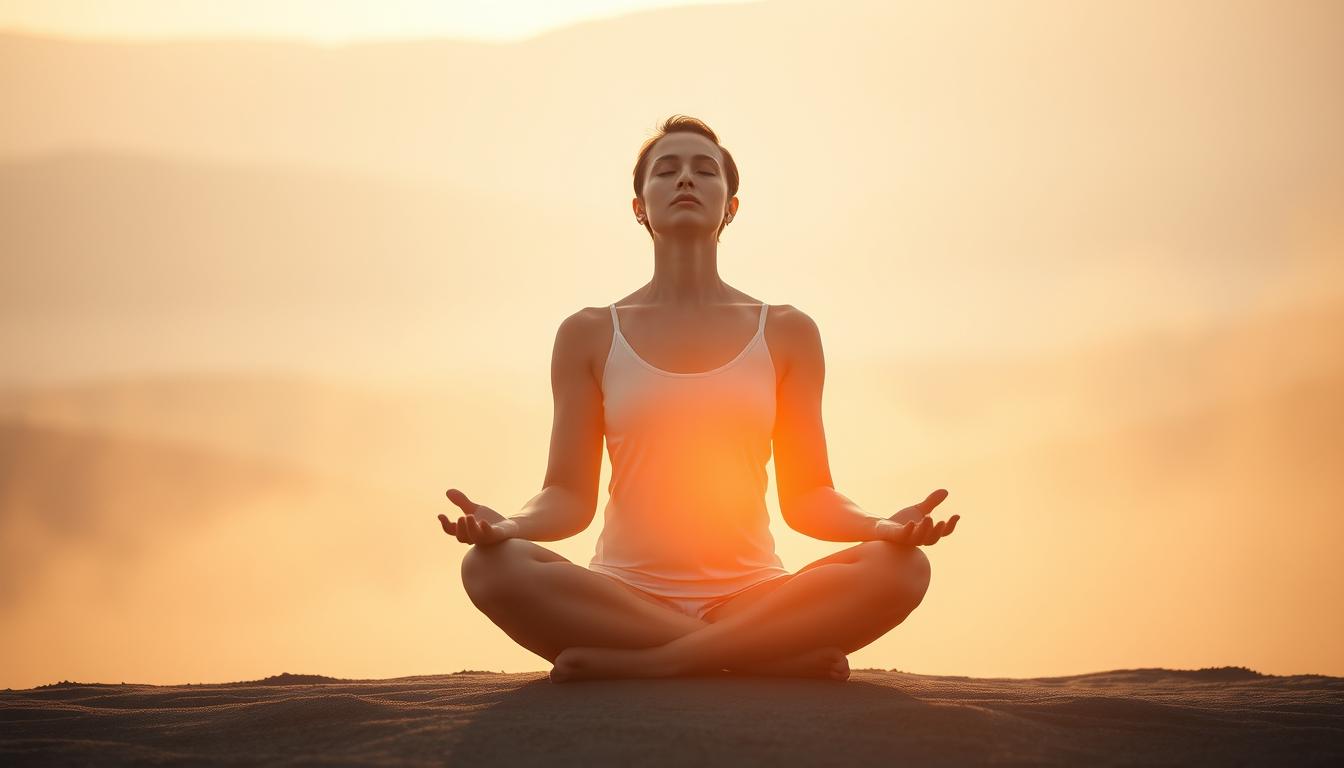 A serene figure sits cross-legged, eyes closed, palms upturned in a state of deep contemplation. Soft, diffused lighting casts a warm, vibrant glow, creating an atmosphere of tranquility and focus. The background is a hazy, abstract landscape, with muted tones and gentle shapes that fade into the distance, allowing the subject to take center stage. The overall scene conveys a sense of inner calm, mental clarity, and a deep connection to the present moment. A serene figure sits cross-legged, eyes closed, palms upturned in a state of deep contemplation. Soft, diffused lighting casts a warm, vibrant glow, creating an atmosphere of tranquility and focus. The background is a hazy, abstract landscape, with muted tones and gentle shapes that fade into the distance, allowing the subject to take center stage. The overall scene conveys a sense of inner calm, mental clarity, and a deep connection to the present moment.