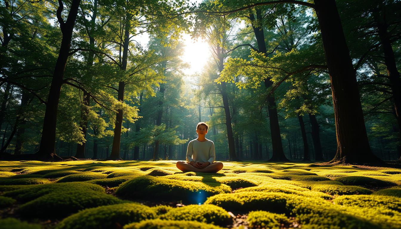 A serene forest clearing bathed in warm, vibrant sunlight. In the foreground, a person sits cross-legged on the moss-covered ground, eyes closed, hands resting on their lap in a meditative pose. The lush, verdant foliage of the surrounding trees forms a natural canopy, filtering the light and creating a tranquil, rejuvenating atmosphere. Distant bird calls and the gentle rustling of leaves enhance the calming soundscape. The composition conveys a sense of deep connection with the natural world, promoting mental clarity, physical well-being, and a profound sense of inner peace. A serene forest clearing bathed in warm, vibrant sunlight. In the foreground, a person sits cross-legged on the moss-covered ground, eyes closed, hands resting on their lap in a meditative pose. The lush, verdant foliage of the surrounding trees forms a natural canopy, filtering the light and creating a tranquil, rejuvenating atmosphere. Distant bird calls and the gentle rustling of leaves enhance the calming soundscape. The composition conveys a sense of deep connection with the natural world, promoting mental clarity, physical well-being, and a profound sense of inner peace.