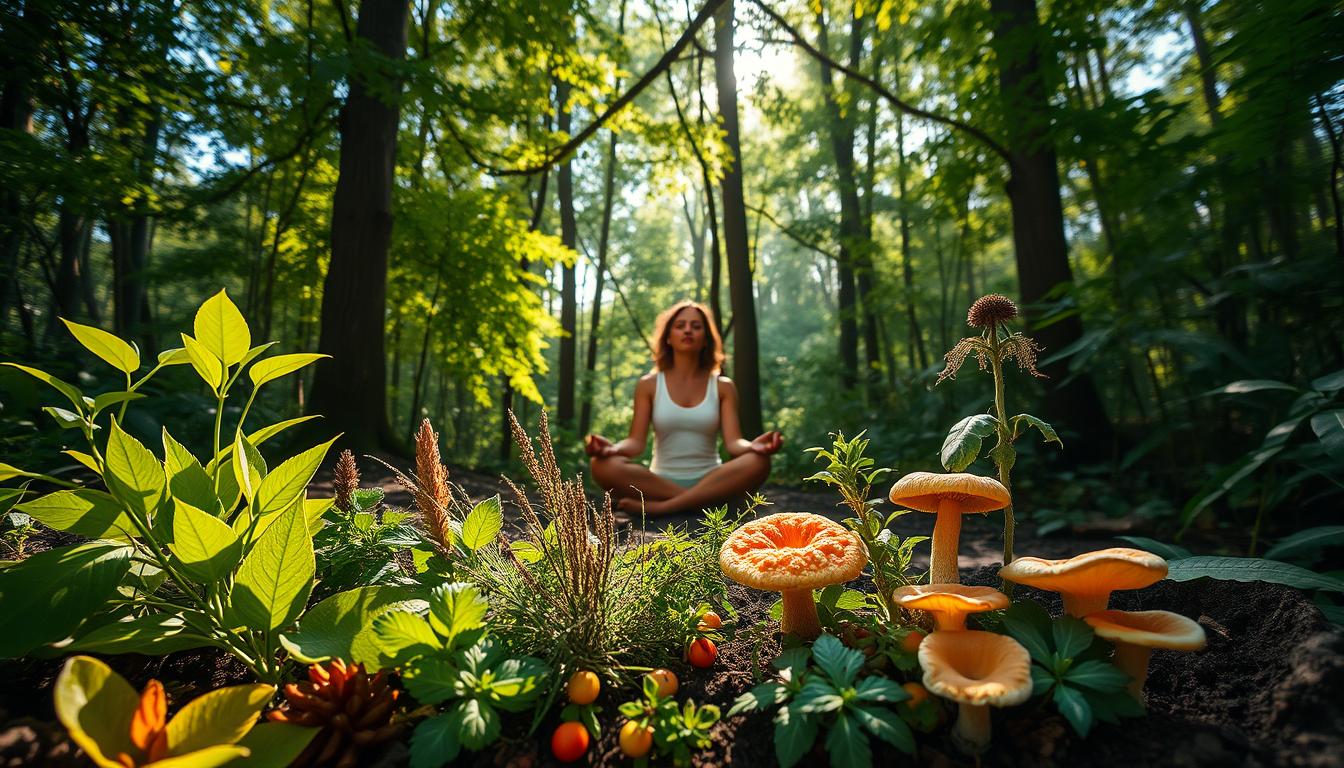 A serene forest glade, dappled sunlight filtering through the lush canopy above. In the foreground, an array of natural botanicals - vibrant leaves, fragrant herbs, and glowing fungi - arranged in a harmonious tableau. In the middle ground, a person sitting in a meditative pose, eyes closed, hands resting gently in their lap. The atmosphere is one of tranquility and inner balance, reflecting the principles of natural biohacking - harnessing the power of nature to optimize health and well-being. The camera captures this scene with a warm, soft-focus lens, emphasizing the organic textures and vibrant colors.