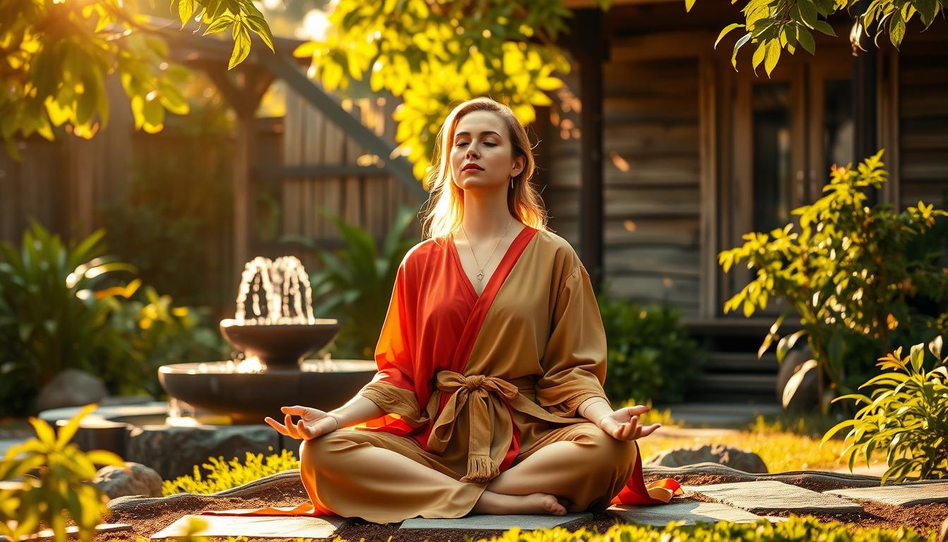 A serene garden oasis, bathed in warm, golden sunlight. In the foreground, a woman seated in a lotus position, eyes closed, exuding a sense of inner peace and balance. Her vibrant, flowing robes complement the lush, verdant foliage surrounding her. In the middle ground, a stone fountain gently cascades, its soothing sounds blending with the soft rustling of leaves. In the background, a weathered wooden structure, its organic lines and earthy tones harmonizing with the natural setting. The overall atmosphere conveys a holistic, mind-body approach to well-being, where the physical, emotional, and spiritual elements are interconnected and in harmony.