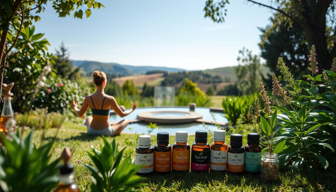 A serene garden oasis, with a woman seated in the foreground, practicing gentle yoga poses amid lush greenery and a tranquil pond. Soft, natural lighting bathes the scene, creating a calming, vibrant atmosphere. In the middle ground, a collection of soothing essential oils and herbal remedies are artfully arranged, suggesting natural stress management techniques. The background features a picturesque landscape, with rolling hills and a clear, azure sky, conveying a sense of peace and balance. A serene garden oasis, with a woman seated in the foreground, practicing gentle yoga poses amid lush greenery and a tranquil pond. Soft, natural lighting bathes the scene, creating a calming, vibrant atmosphere. In the middle ground, a collection of soothing essential oils and herbal remedies are artfully arranged, suggesting natural stress management techniques. The background features a picturesque landscape, with rolling hills and a clear, azure sky, conveying a sense of peace and balance.