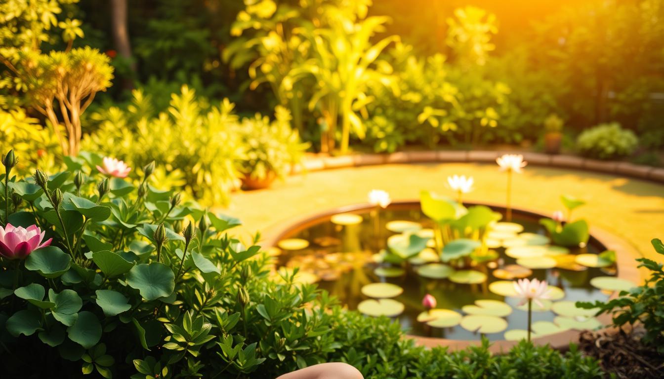 A serene garden setting with a person sitting in a lotus position, practicing mindfulness. The foreground shows the person's face with eyes closed, their expression calm and focused. The middle ground features lush greenery, including a small pond with floating lotus flowers. The background has a warm, golden hue, as if bathed in soft, vibrant sunlight. The overall atmosphere conveys a sense of tranquility, balance, and rejuvenation. A serene garden setting with a person sitting in a lotus position, practicing mindfulness. The foreground shows the person's face with eyes closed, their expression calm and focused. The middle ground features lush greenery, including a small pond with floating lotus flowers. The background has a warm, golden hue, as if bathed in soft, vibrant sunlight. The overall atmosphere conveys a sense of tranquility, balance, and rejuvenation.