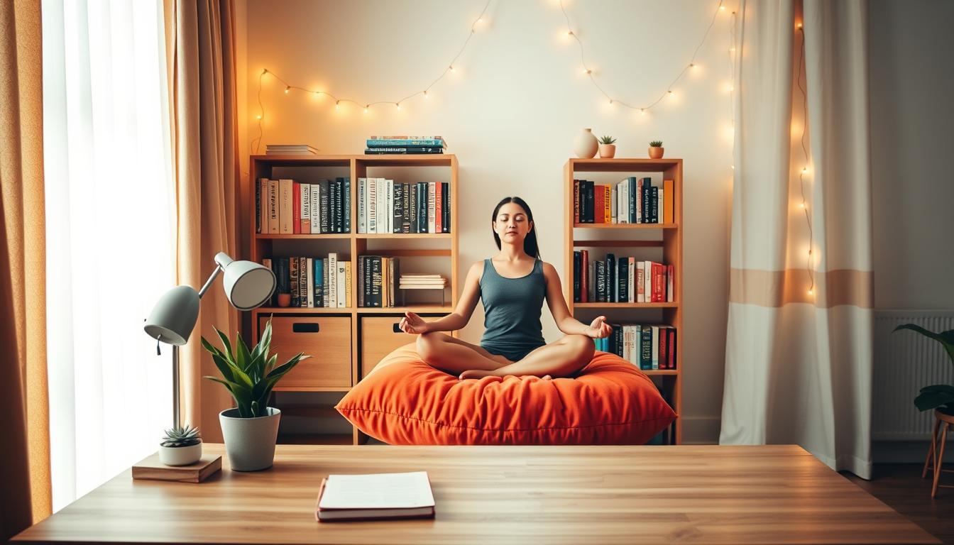 A serene home office, bathed in warm, natural light filtering through sheer curtains. In the foreground, a minimalist wooden desk with a potted plant, a journal, and a simple desk lamp. Centered, a person sits cross-legged on a plush, vibrant cushion, eyes closed in meditation, embodying a mindful, centered lifestyle. In the background, a bookshelf displays an array of wellness-focused titles, complemented by a string of fairy lights that cast a soft, ambient glow. The overall atmosphere is one of tranquility, simplicity, and intentional living. A serene home office, bathed in warm, natural light filtering through sheer curtains. In the foreground, a minimalist wooden desk with a potted plant, a journal, and a simple desk lamp. Centered, a person sits cross-legged on a plush, vibrant cushion, eyes closed in meditation, embodying a mindful, centered lifestyle. In the background, a bookshelf displays an array of wellness-focused titles, complemented by a string of fairy lights that cast a soft, ambient glow. The overall atmosphere is one of tranquility, simplicity, and intentional living.