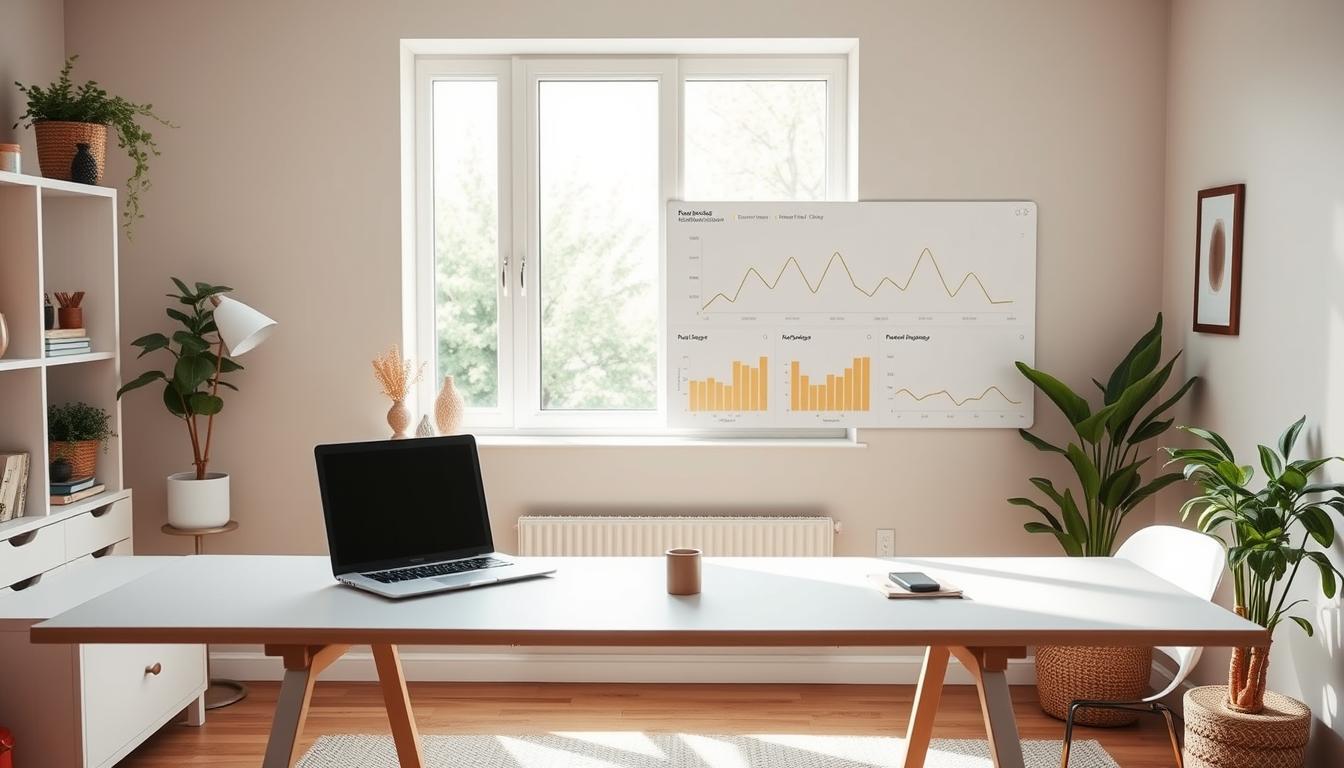 A serene home office setup with a neatly organized desk, a large window allowing natural light to pour in, and a wall-mounted progress tracking board. The board displays a series of intuitive graphs and charts, visually documenting the user's natural fat burning journey over time. The overall mood is one of calm focus and mindful progress, encouraging a healthy, non-obsessive approach to reaching fitness goals. Vibrant, earthy tones complement the minimalist, Scandinavian-inspired decor, creating a warm and inviting atmosphere. A serene home office setup with a neatly organized desk, a large window allowing natural light to pour in, and a wall-mounted progress tracking board. The board displays a series of intuitive graphs and charts, visually documenting the user's natural fat burning journey over time. The overall mood is one of calm focus and mindful progress, encouraging a healthy, non-obsessive approach to reaching fitness goals. Vibrant, earthy tones complement the minimalist, Scandinavian-inspired decor, creating a warm and inviting atmosphere.