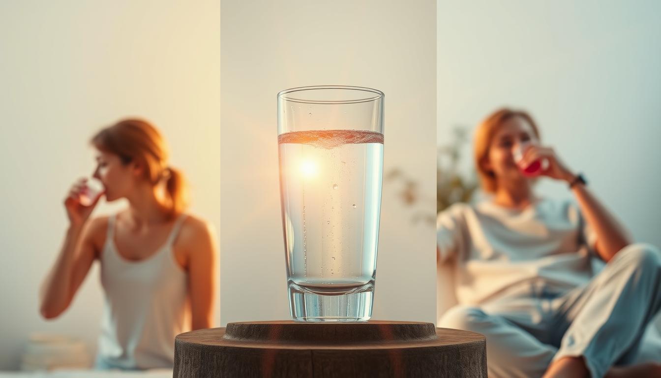 A serene, hydrated day unfolds - a figure sipping water in the morning light, pausing for a midday refill, and finally relaxing with a glass in the cozy evening. Warm, vibrant tones bathe the scene, accenting the ever-present water glass. Lens flares dance across the frame, capturing the essence of a hydrated lifestyle. In the background, a minimalist, nature-inspired setting provides a calming backdrop, inviting the viewer to reflect on their own daily water intake. This balanced, zen-like composition conveys the importance of maintaining hydration throughout the day.