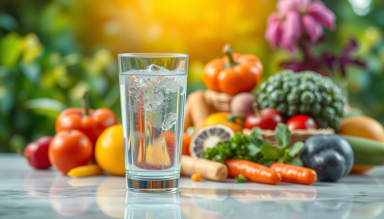 A serene, hydrating scene depicting metabolic efficiency. In the foreground, a clear glass of cool, refreshing water reflects the vibrant hues of a lush, verdant background. The middle ground features a variety of fresh, vibrant fruits and vegetables, symbolizing the nourishment required for a healthy, efficient metabolism. Soft, warm lighting bathes the scene, creating a calming, rejuvenating atmosphere. The composition is balanced, with clean lines and a sense of natural harmony, inviting the viewer to pause, hydrate, and feel energized.