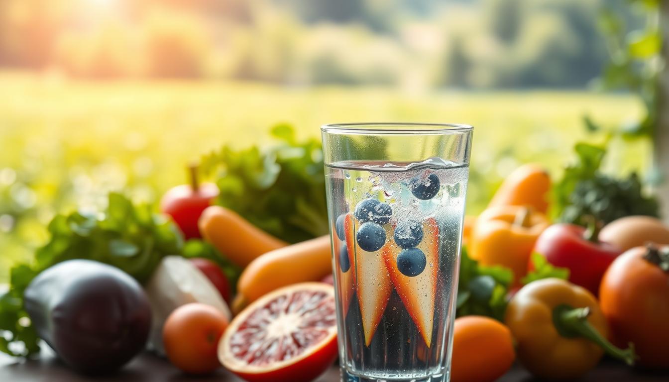 A serene, hydro-centric scene showcasing the importance of water for weight loss. In the foreground, a transparent glass filled with crystal-clear water, its surface gently rippling. Midground, an array of fresh, vibrant produce - crisp vegetables, juicy fruits, all brimming with hydrating potential. In the background, a calming landscape of lush greenery, the sunlight filtering through in a warm, inviting glow. The overall atmosphere is one of tranquility and balance, emphasizing the vital role of proper hydration in the pursuit of sustainable fat loss. Lighting is soft and diffused, the lens capturing the scene with a natural, documentary-style aesthetic.