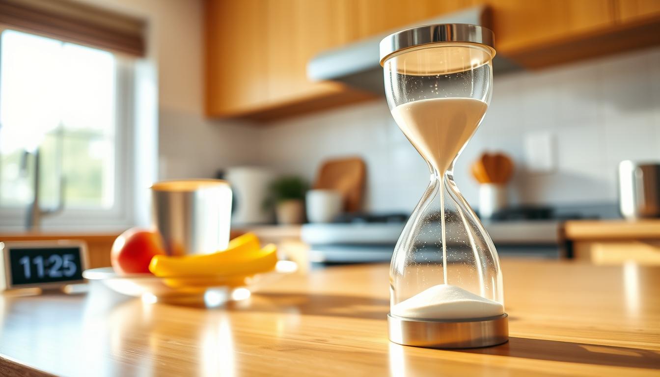 A serene kitchen counter with a glass of water, a plate of fresh fruit, and a digital clock displaying the time. The environment is bathed in warm, natural lighting, casting a vibrant glow on the scene. In the foreground, a minimalist hourglass stands as a symbolic representation of the intermittent fasting process, its sand slowly trickling down, emphasizing the passage of time. The overall atmosphere conveys a sense of balance, discipline, and a healthy lifestyle. A serene kitchen counter with a glass of water, a plate of fresh fruit, and a digital clock displaying the time. The environment is bathed in warm, natural lighting, casting a vibrant glow on the scene. In the foreground, a minimalist hourglass stands as a symbolic representation of the intermittent fasting process, its sand slowly trickling down, emphasizing the passage of time. The overall atmosphere conveys a sense of balance, discipline, and a healthy lifestyle.