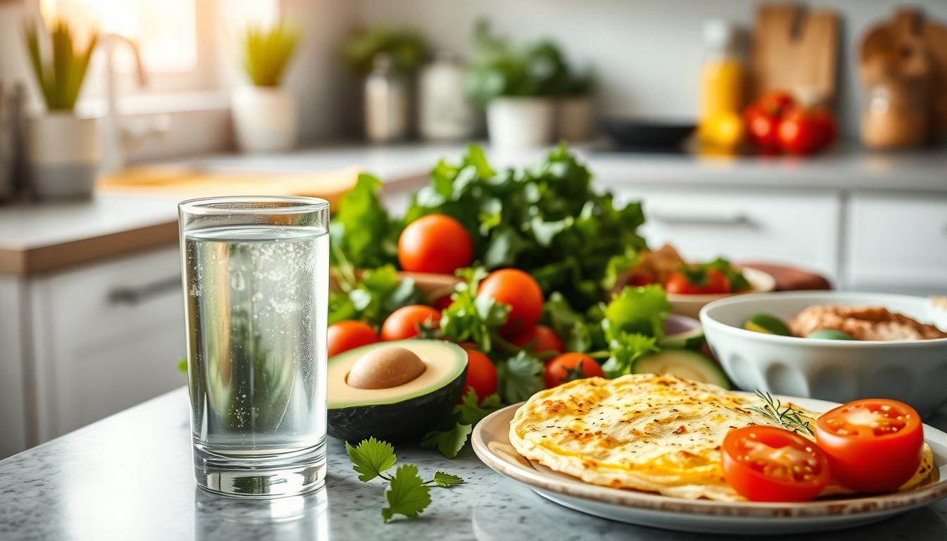A serene kitchen counter with an array of low-carb ingredients - crisp greens, juicy tomatoes, creamy avocado, and lean protein. Soft natural light bathes the scene, highlighting the vibrant colors and textures. In the foreground, a glass of fresh lemon water reflects the tranquil mood. The middle ground showcases a variety of low-carb meal options, from a hearty salad to a savory omelet, symbolizing the versatility of this nutritious lifestyle. The background suggests a cozy, modern kitchen, conveying the ease and comfort of low-carb eating.