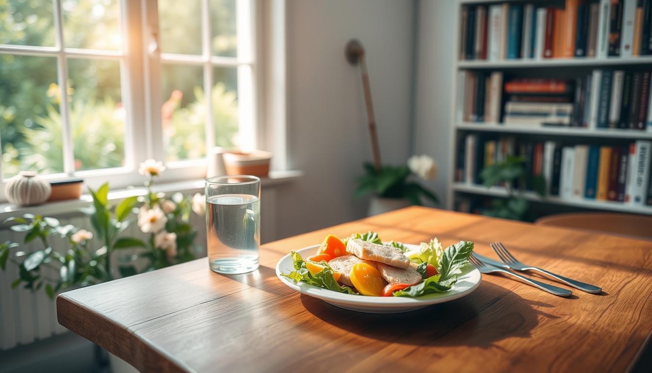 A serene kitchen scene, bathed in soft, natural light. In the foreground, a wooden table adorned with a simple, yet elegant place setting - a white ceramic plate, a glass of water, and a set of cutlery. Atop the plate, an artfully arranged selection of fresh, vibrant vegetables and a small portion of lean protein. The middle ground features a window overlooking a tranquil garden, its lush greenery and blooming flowers reflecting the mood of mindful, nourishing consumption. In the background, a bookshelf filled with wellness-themed literature, adding to the atmosphere of intentional, thoughtful living. The overall scene conveys a sense of balance, awareness, and a journey towards a healthier, more fulfilling relationship with food and one's body. A serene kitchen scene, bathed in soft, natural light. In the foreground, a wooden table adorned with a simple, yet elegant place setting - a white ceramic plate, a glass of water, and a set of cutlery. Atop the plate, an artfully arranged selection of fresh, vibrant vegetables and a small portion of lean protein. The middle ground features a window overlooking a tranquil garden, its lush greenery and blooming flowers reflecting the mood of mindful, nourishing consumption. In the background, a bookshelf filled with wellness-themed literature, adding to the atmosphere of intentional, thoughtful living. The overall scene conveys a sense of balance, awareness, and a journey towards a healthier, more fulfilling relationship with food and one's body.
