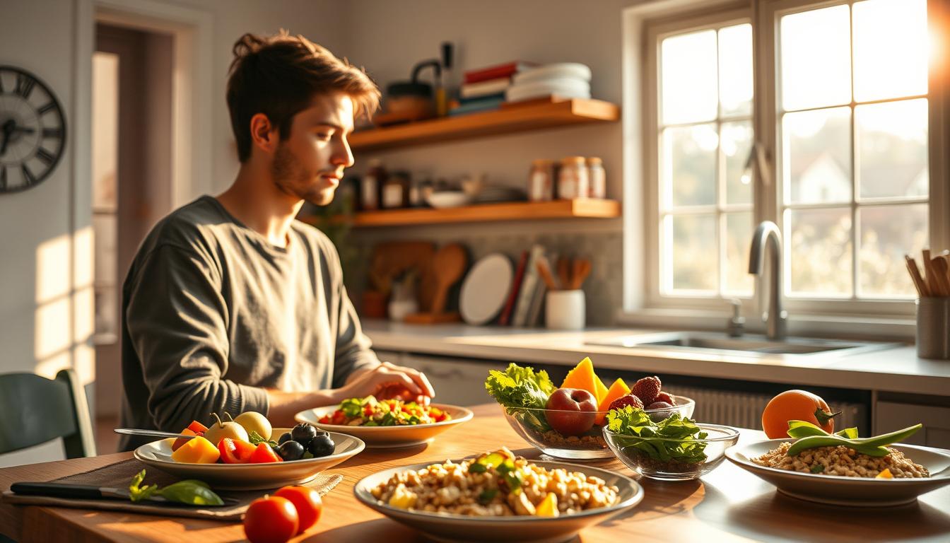 A serene kitchen scene, bathed in warm, vibrant light from large windows. In the foreground, a person sits at a table, mindfully savoring a healthy, colorful meal. Plates of fresh fruits, vegetables, and whole grains are arranged artfully, inviting the viewer to slow down and appreciate each bite. The middle ground features kitchen tools and ingredients, suggesting a process of conscious meal preparation. In the background, shelves display jars of spices and cookbooks, hinting at a wealth of culinary knowledge. The overall atmosphere is one of calm focus, encouraging the viewer to approach eating as a mindful, nourishing experience. A serene kitchen scene, bathed in warm, vibrant light from large windows. In the foreground, a person sits at a table, mindfully savoring a healthy, colorful meal. Plates of fresh fruits, vegetables, and whole grains are arranged artfully, inviting the viewer to slow down and appreciate each bite. The middle ground features kitchen tools and ingredients, suggesting a process of conscious meal preparation. In the background, shelves display jars of spices and cookbooks, hinting at a wealth of culinary knowledge. The overall atmosphere is one of calm focus, encouraging the viewer to approach eating as a mindful, nourishing experience.