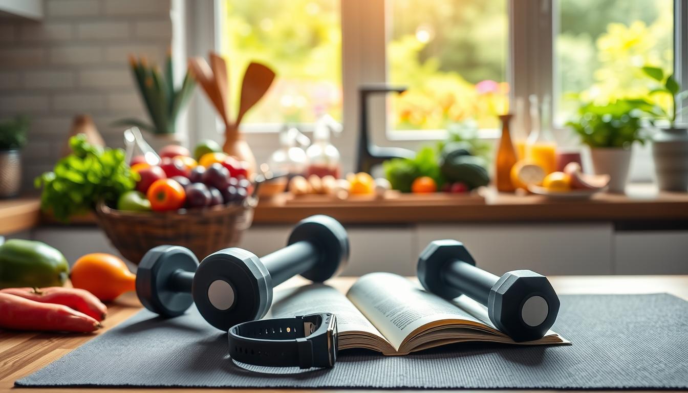 A serene kitchen scene with a variety of healthy, low-calorie foods on the countertop. In the foreground, a pair of weighted dumbbells and a fitness tracker resting on a yoga mat, symbolizing the journey towards weight loss. The middle ground features an open cookbook, showcasing simple, nutritious recipes. The background depicts a window overlooking a lush, vibrant garden, bathed in warm, natural light. The overall mood is one of tranquility and determination, conveying practical solutions for overcoming a weight loss plateau. A serene kitchen scene with a variety of healthy, low-calorie foods on the countertop. In the foreground, a pair of weighted dumbbells and a fitness tracker resting on a yoga mat, symbolizing the journey towards weight loss. The middle ground features an open cookbook, showcasing simple, nutritious recipes. The background depicts a window overlooking a lush, vibrant garden, bathed in warm, natural light. The overall mood is one of tranquility and determination, conveying practical solutions for overcoming a weight loss plateau.