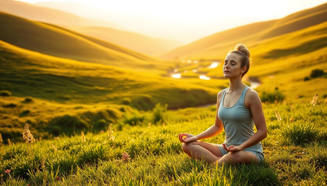 A serene meadow nestled amidst rolling hills, bathed in warm, golden light. In the foreground, a person sits in a meditative pose, eyes closed, hands resting gently on their lap. Their expression is one of tranquility and focus, as they connect their mind and body in a vibrant, natural weight loss journey. The middle ground reveals lush, verdant vegetation, with the occasional wildflower adding pops of color. In the distance, a gently flowing stream meanders through the landscape, its soothing sounds echoing the peaceful atmosphere. The overall scene conveys a sense of harmony, balance, and the power of the mind-body connection in achieving natural weight loss.