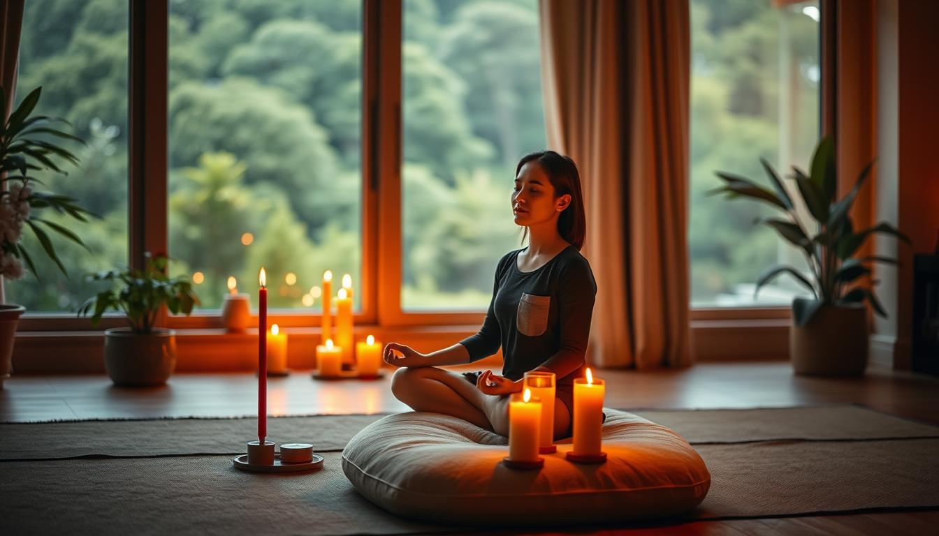 A serene meditation space bathed in warm, vibrant lighting. In the foreground, a person sits cross-legged on a plush cushion, eyes closed, their expression peaceful and focused. Surrounding them, a minimalist arrangement of candles, incense, and a small potted plant creates a calming ambiance. The middle ground features a large window overlooking a lush, verdant landscape, hinting at the tranquility of nature. The background is softly blurred, suggesting a cozy, intimate setting conducive to relaxation and better sleep.