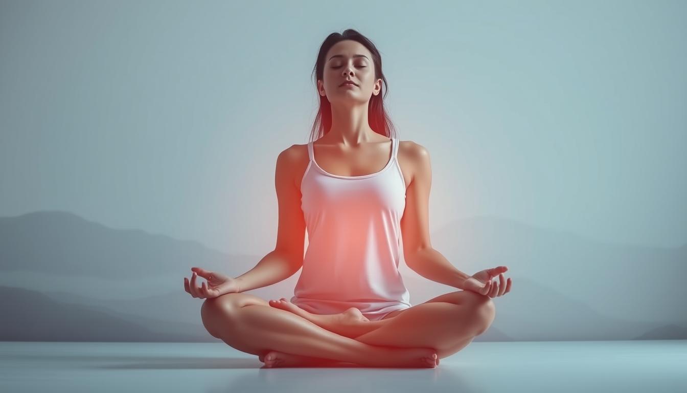 A serene, minimalist scene depicting the power of positive thinking in weight loss. A figure sits in a lotus position, their eyes closed in deep meditation, radiating an aura of inner peace and focus. Soft, diffuse lighting casts a warm, vibrant glow, accentuating the tranquil atmosphere. In the background, a simple, uncluttered landscape with muted hues provides a calming backdrop, encouraging introspection and mindfulness. The overall composition conveys a sense of balance, harmony, and the mind-body connection essential for natural, sustainable weight loss.