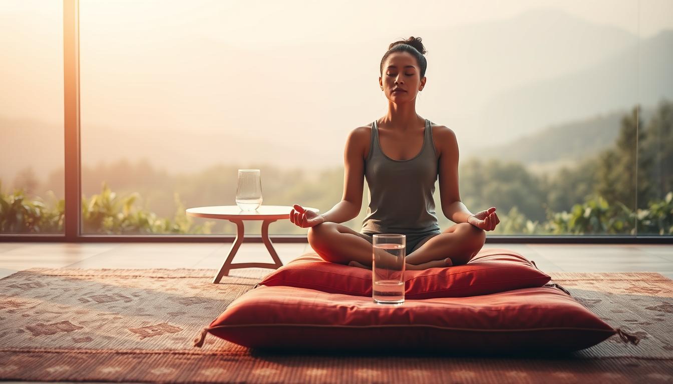 A serene, minimalist scene depicting the practice of intermittent fasting. In the foreground, a person sits cross-legged on a plush, vibrant cushion, their eyes closed in meditation. Soft, warm lighting casts a gentle glow, creating a peaceful ambiance. In the middle ground, a simple, elegant table holds a glass of water, symbolizing the hydration aspect of fasting. The background features a calming, nature-inspired setting, with lush greenery and a tranquil, muted landscape, conveying a sense of balance and well-being. The overall composition inspires a feeling of mindfulness, discipline, and the holistic benefits of the fasting method.