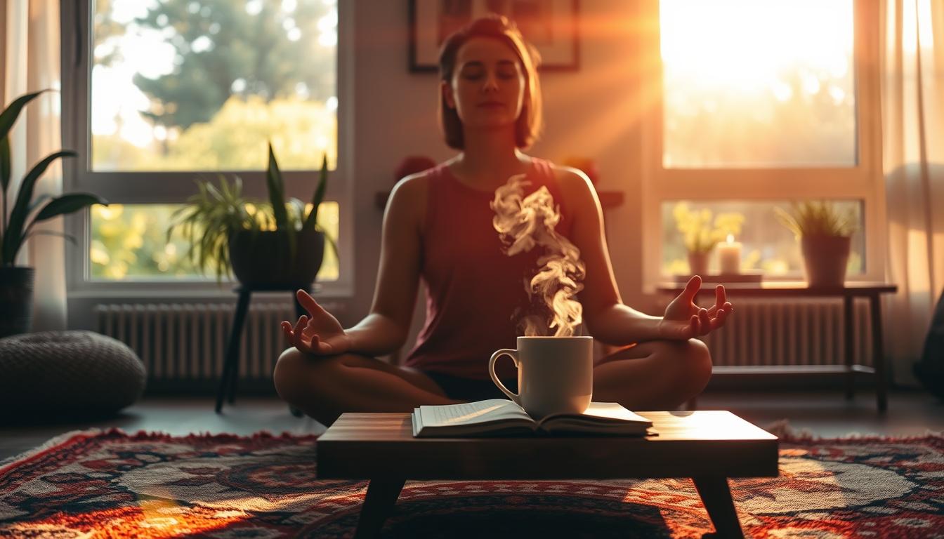 A serene morning scene, bathed in warm, vibrant light. In the foreground, a person sits cross-legged on a plush, colorful rug, eyes closed in deep meditation. Hands resting gently on their lap, they exude a sense of calm focus. In the middle ground, a wooden table holds a steaming mug, a journal, and a single lit candle, casting a soft glow. The background is a cozy, minimalist interior, with large windows overlooking a lush, verdant garden. The atmosphere is one of intentional, mindful tranquility, inspiring clarity and a fresh start to the day. A serene morning scene, bathed in warm, vibrant light. In the foreground, a person sits cross-legged on a plush, colorful rug, eyes closed in deep meditation. Hands resting gently on their lap, they exude a sense of calm focus. In the middle ground, a wooden table holds a steaming mug, a journal, and a single lit candle, casting a soft glow. The background is a cozy, minimalist interior, with large windows overlooking a lush, verdant garden. The atmosphere is one of intentional, mindful tranquility, inspiring clarity and a fresh start to the day.