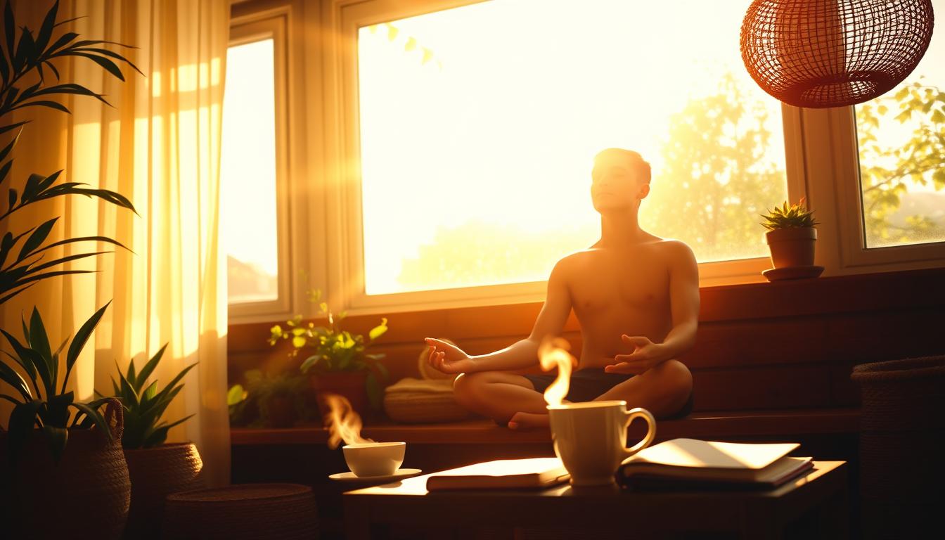 A serene morning scene with a figure sitting on a wooden bench, soaking in the warm, golden sunlight streaming through the large window. The person is calmly meditating, their eyes closed, and their posture exuding a sense of inner peace and rejuvenation. In the foreground, a cup of steaming tea and a journal rest on a small table, while potted plants and natural textures like woven baskets create a cozy, inviting atmosphere. The lighting is soft, diffused, and vibrant, casting a vibrant, golden glow throughout the space and highlighting the person's healthy, glowing skin. The overall mood is one of tranquility, mindfulness, and the revitalizing power of morning sunlight.